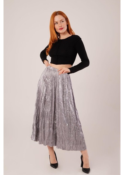 Midi Boy Pileli Saten Gri Etek modelleri