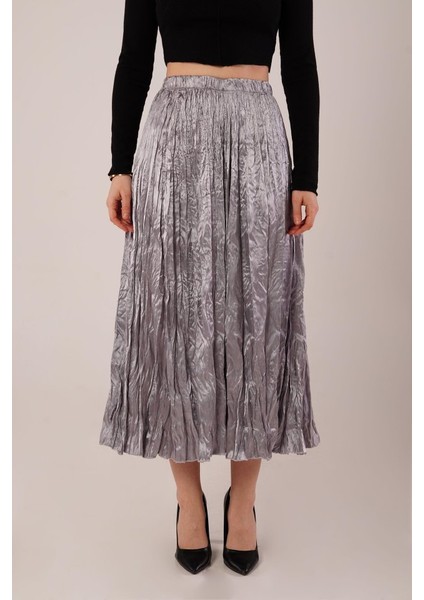 Midi Boy Pileli Saten Gri Etek fırsatları