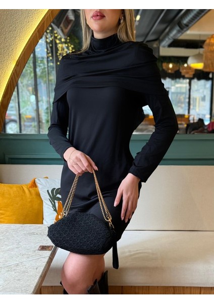 Kadın Uzun Kollu Balıkçı Yaka Omuz Katlamalı Dalgıç Kısa Elbise modelleri