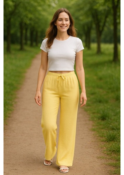 Kadın Beli Lastikli Pol Paça Pantolon