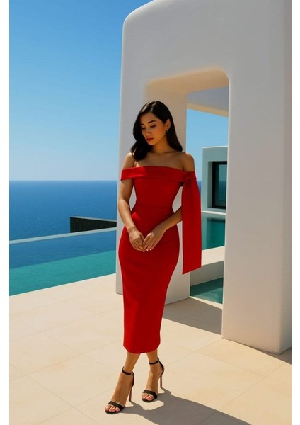 Kadın Dalgıç Krep Kumaş Madonna Yaka Midi Boy Elbise