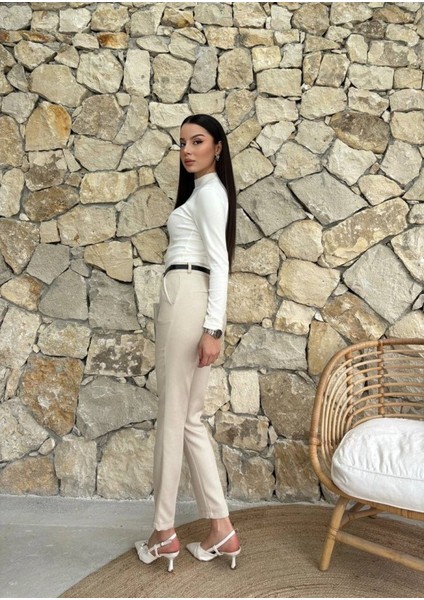 Kadın Yüksek Bel Dar Paça Kemer Dahil Kumaş Pantolon modelleri