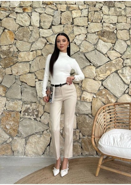 Kadın Yüksek Bel Dar Paça Kemer Dahil Kumaş Pantolon indirimleri