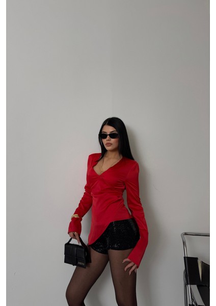 Saten Anvelop Bluz Manşet Kol - Kırmızı modelleri