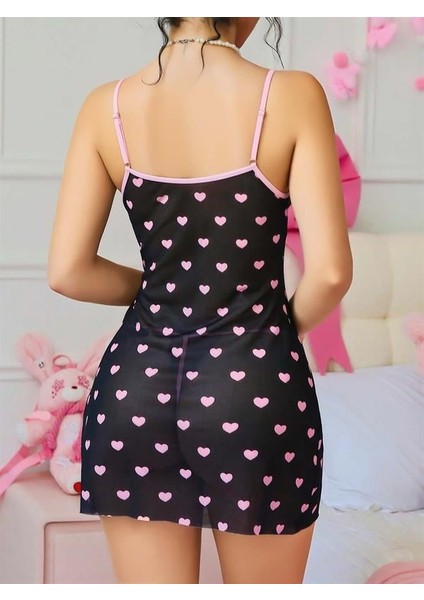 Arias Closet Siyah Kalp Desenli Dantel Işlemeli Fantezi Gecelik modelleri