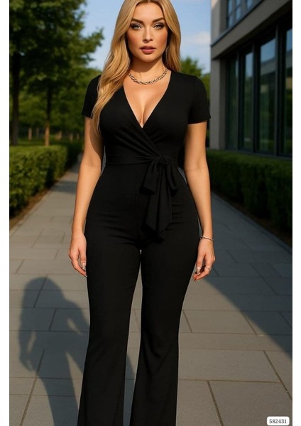 Kadın Kruvaze Yaka Kısa Kollu Kuşaklı Tulum