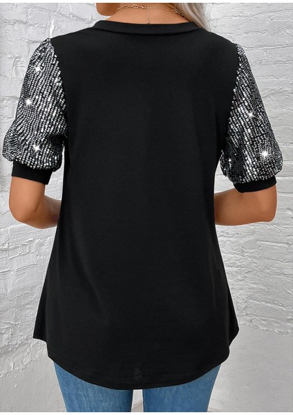 Kadın Kısa Kollu V Yakalı Pul Payet Detaylı Viskon Bluz fırsatları
