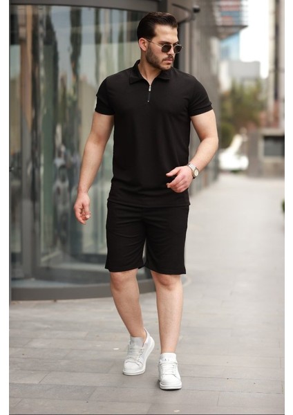 Erkek Yakalı Fermuarlı T-Shirt Şort Ikili Takım