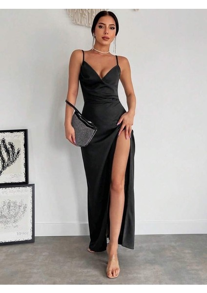 Kadın Askılı Kruvaze Yakalı Yırtmaçlı Krep Elbise