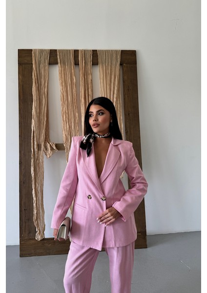 Keten Ceket - Pantolon Takım - Pembe fırsatları