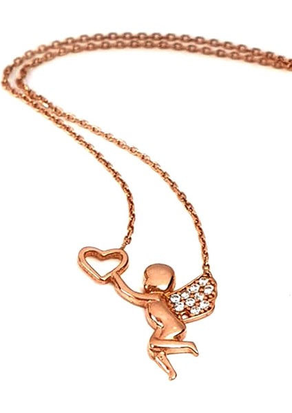 Aşk meleği figürlü gümüş rose kolye