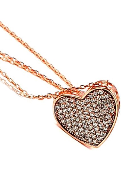 Zirkon taşlı 3 boyutlu gümüş rose kalp kolye