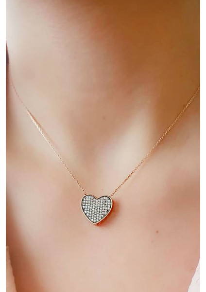 Zirkon taşlı 3 boyutlu gümüş rose kalp kolye fiyatları