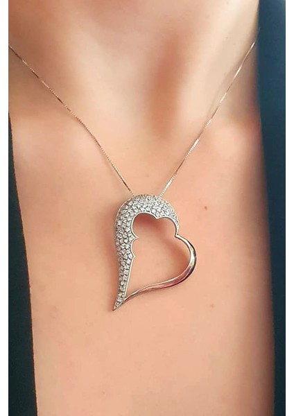 Tasarım zirkon taş detaylı gümüş kalp kolye fiyatları