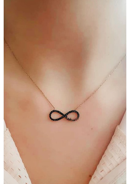 Oniks taşlı aşkım yazılı gümüş rose sonsuzluk kolye