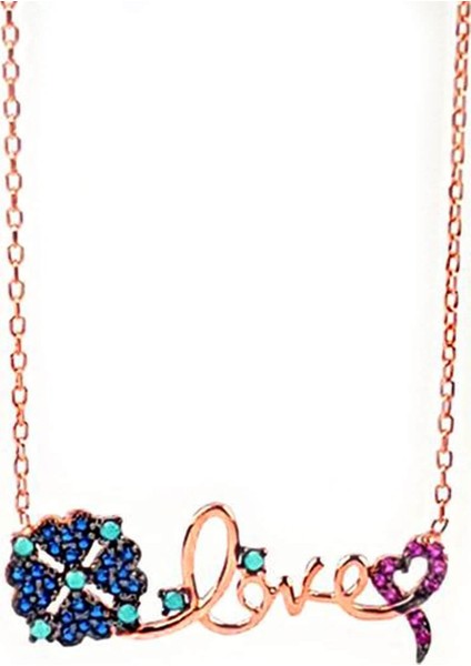 Yoncalı Gümüş Üzerine rose altın kaplama Aşk Kolyesi