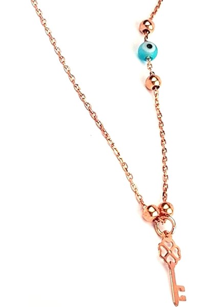 Nazar boncugu detaylı gümüş üzerine rose altın kaplama aşk kolyesi