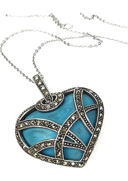 Turkuaz taşlı markazit taş detaylı gümüş kalp kolye