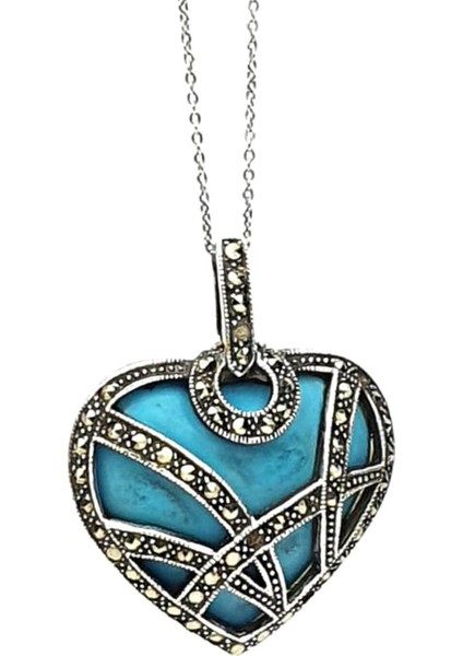Turkuaz taşlı markazit taş detaylı gümüş kalp kolye fiyatları