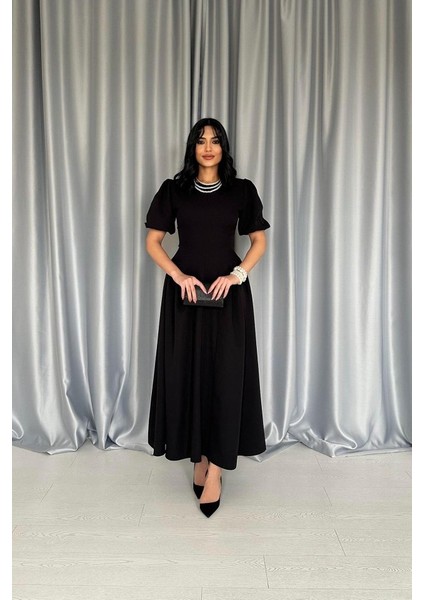 Siyah Etek Yanları Büzgülü Balon Kollu Elbise fiyatları