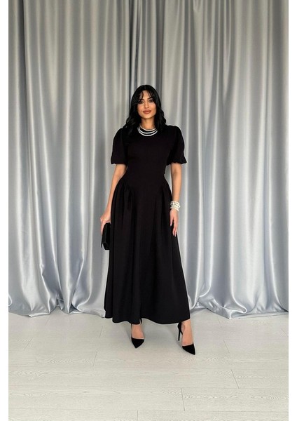 Siyah Etek Yanları Büzgülü Balon Kollu Elbise modelleri