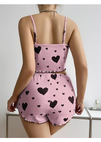 Arias Closet Pamuklu Pembe Üstüne Siyah Kalp Desenli Askılı Fitilli Şortlu Pijama Takımı modelleri