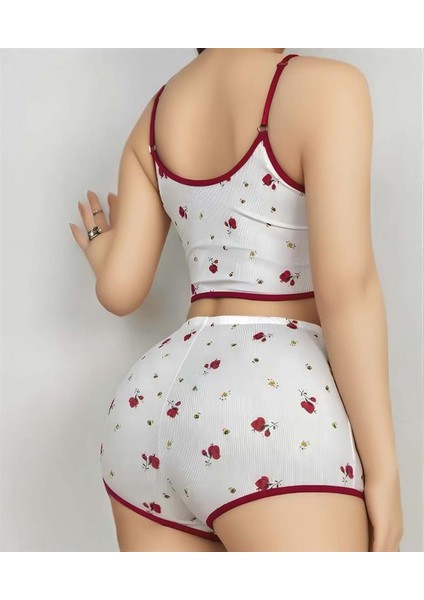 Arias Closet Pamuklu Beyaz Üstüne Kırmızı Gül Desen Fitilli Askılı Şortlu Pijama Takımı fiyatları