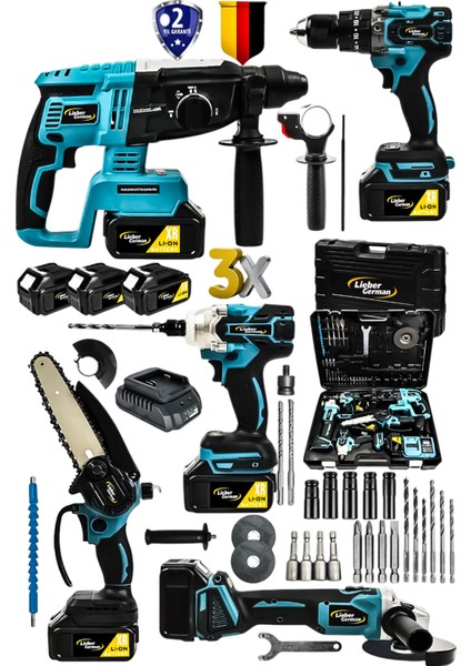 L599 5li Set Kömürsüz Motor 3x Akülü Taşlama Somun Sıkma Kırıcı Delici & Dal Budama Testere Makinesi