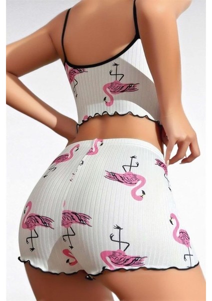 Arias Closet Pamuklu Beyaz Üstüne Pelikan Desen Fitilli Askılı Şortlu Pijama Takımı modelleri