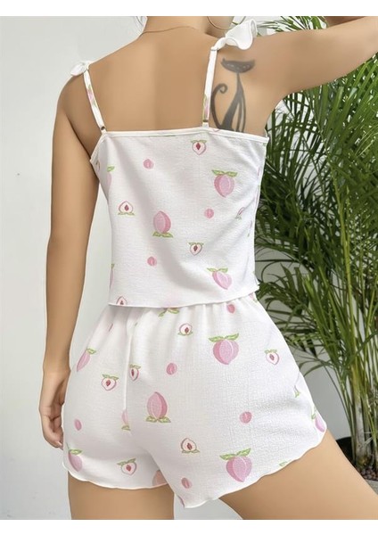 Arias Closet Pamuklu Beyaz Üstüne Çiçek Desen Fırfır Askılı Şortlu Pijama Takımı modelleri