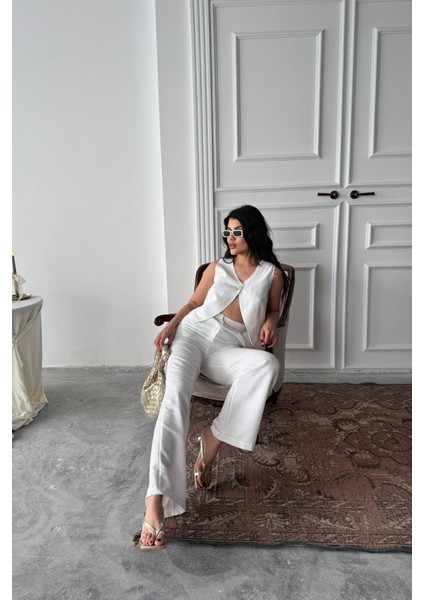 Keten Tek Düğme Yelek-Pantolon Takım - Beyaz