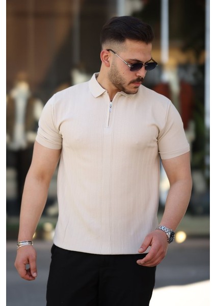 Erkek Yakası Fermuarlı Kısa Kollu T-Shirt
