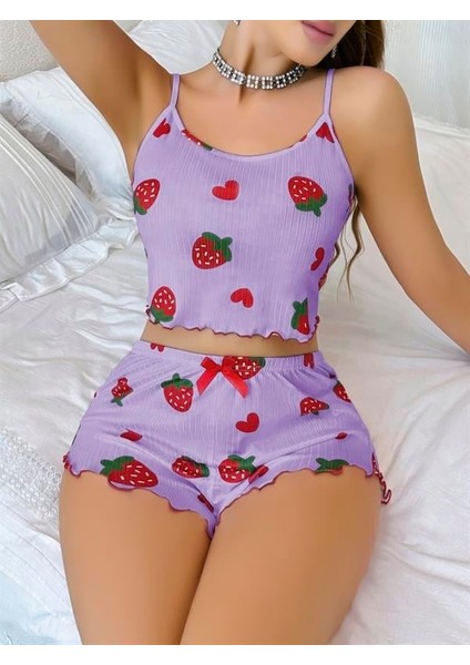 Arias Closet Pamuklu Lila Üstüne Çilek Desen Fitilli Askılı Şortlu Pijama Takımı
