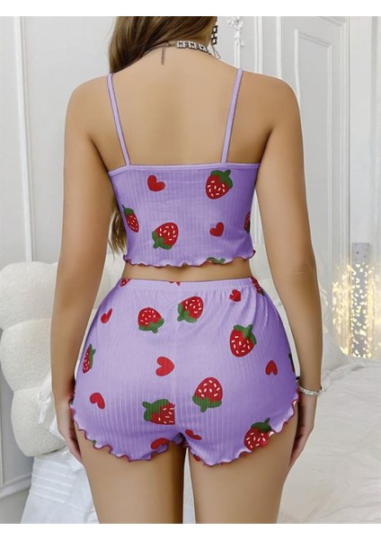 Arias Closet Pamuklu Lila Üstüne Çilek Desen Fitilli Askılı Şortlu Pijama Takımı modelleri