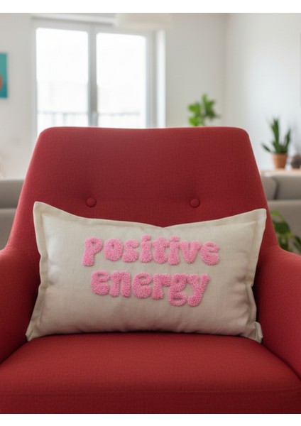 Positive Energy Yazılı Punch Kırlent Kılıfı - 30X50CM - Dekoratif Dikdörtgen Kırlent Kılıfı