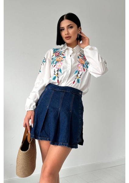 Beyaz Çiçek Nakışlı Gömlek fiyatları
