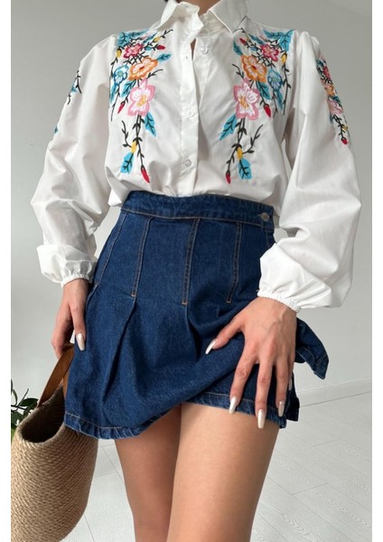 Beyaz Çiçek Nakışlı Gömlek modelleri