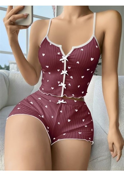 Arias Closet Pamuklu Kahverengi Üstüne Beyaz Kalp Desen Fitilli Askılı Şortlu Pijama Takımı