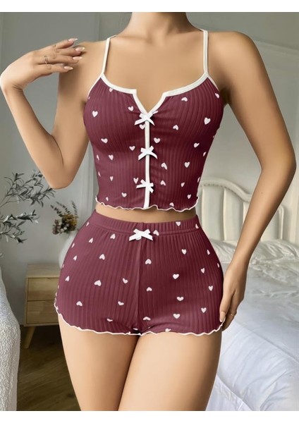 Arias Closet Pamuklu Kahverengi Üstüne Beyaz Kalp Desen Fitilli Askılı Şortlu Pijama Takımı fiyatları