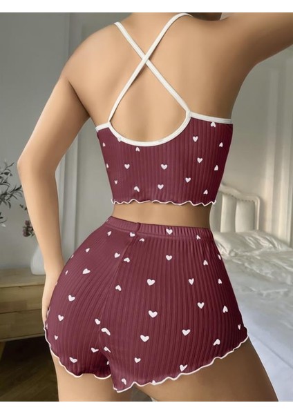 Arias Closet Pamuklu Kahverengi Üstüne Beyaz Kalp Desen Fitilli Askılı Şortlu Pijama Takımı modelleri