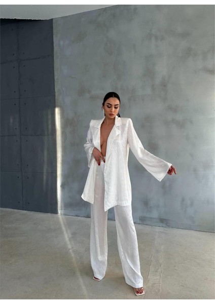 Viskon Jakarlı Bağlamalı Gömlek - Pantolon Takım - Beyaz modelleri