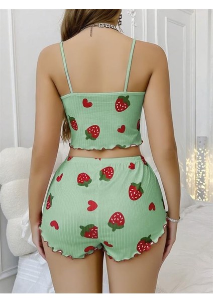Arias Closet Pamuklu Yeşil Üstüne Çilek Desen Fitilli Askılı Şortlu Pijama Takımı modelleri