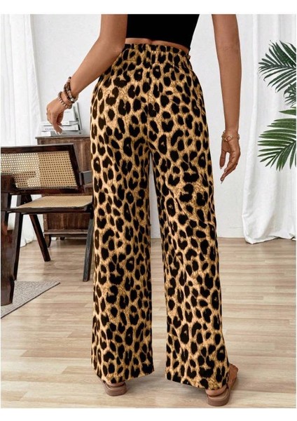 Kadın Süprem Kumaş Beli Lastikli Leopar Desen Pantolon modelleri