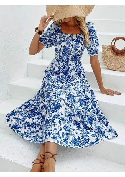 Kadın Kısa Kollu Kare Yakalı Lastikli Desenli Süprem Elbise indirimleri