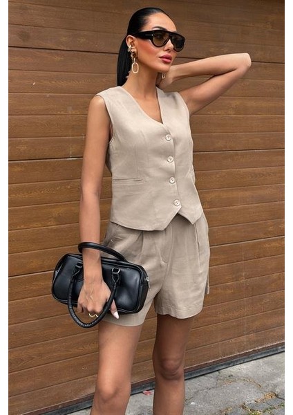 Yelek Şort Flamlı Keten Takım 10133-17