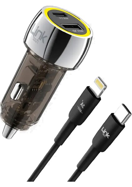 C438 55W Dual PD30W + QC25W Şeffaf Araç Şarj Aleti Type-C To Lightning Kablo Set