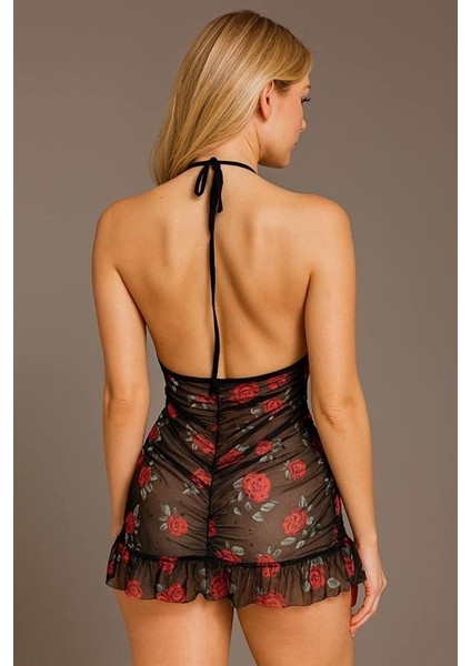 Arias Closet Siyah Dantel Işlemeli Gül Desenli Mini Fantezi Gecelik fırsatları