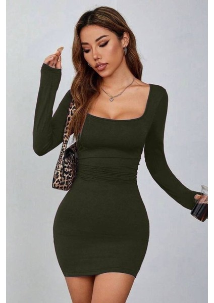 Kadın Uzun Kollu Kare Yaka Iç Göstermeyen Mini Elbise