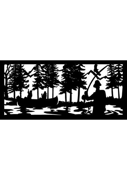 Balıkçılar ve Göl Temalı Duvar Dekor Sticker 40 x 20 cm