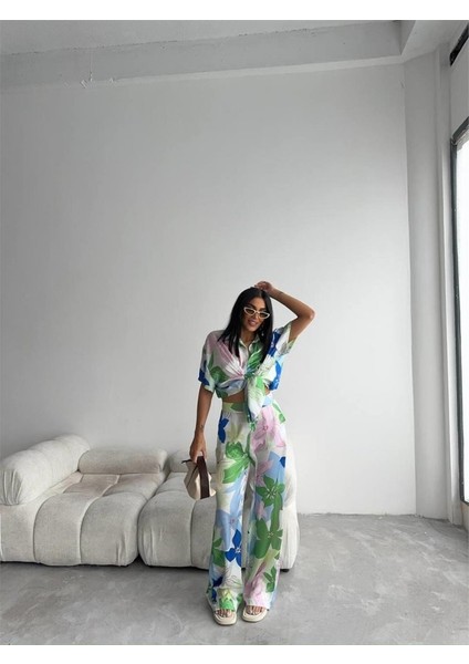 Yeşil Büyük Çiçek Desen Saten Gömlek-Pantolon Takım - Yeşil fırsatları